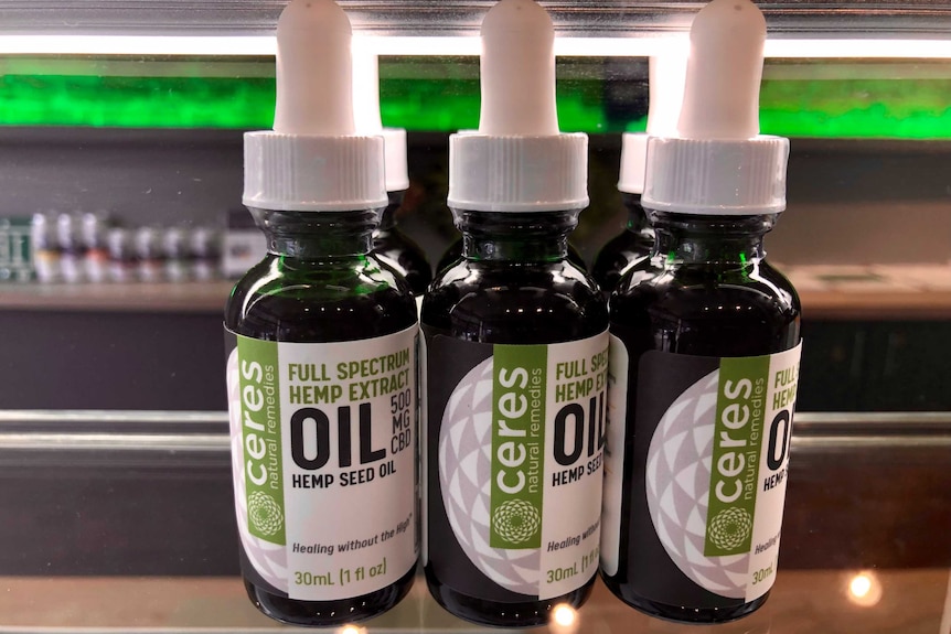 Bottles of hemp seed oil.