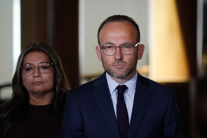 Adam Bandt and Mehreen Faruqi at a press conference 