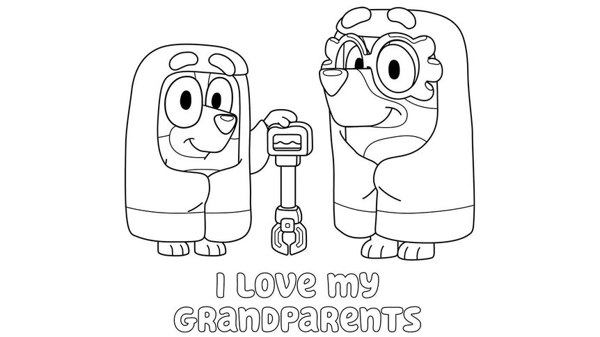 Bluey and Bingo dressed as Grannies with the text 'I Love My Grandparents'