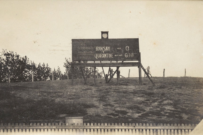 A black and white image of a scoreboard saying Ramsay, zero, verses, quarantine, 600.