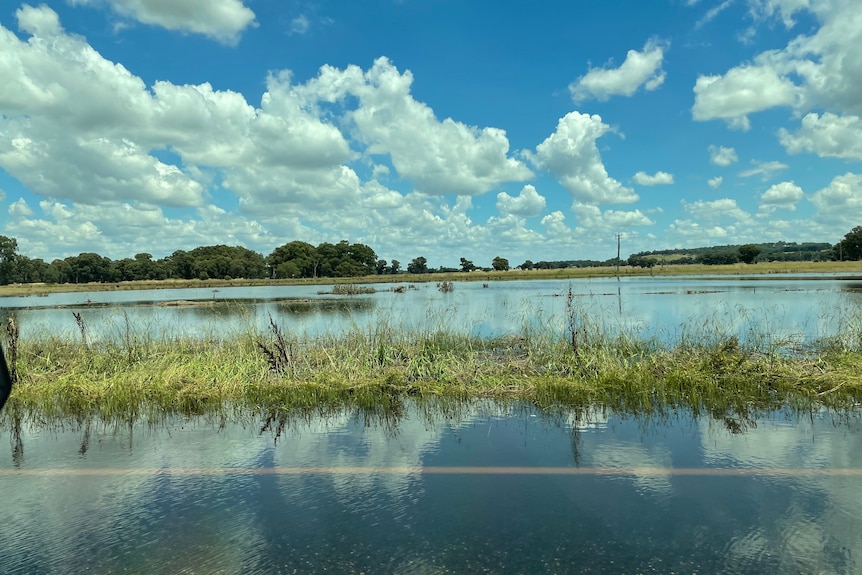 A road and paddock covered in water, which reflects blue skies and clouds