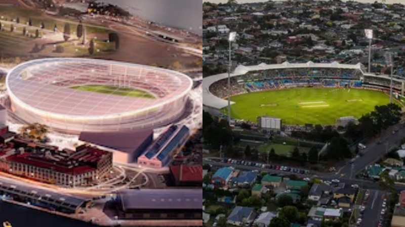 Ariel views of two stadiums side by side. 