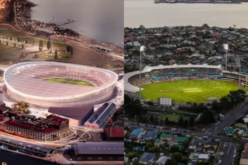 Ariel views of two stadiums side by side. 