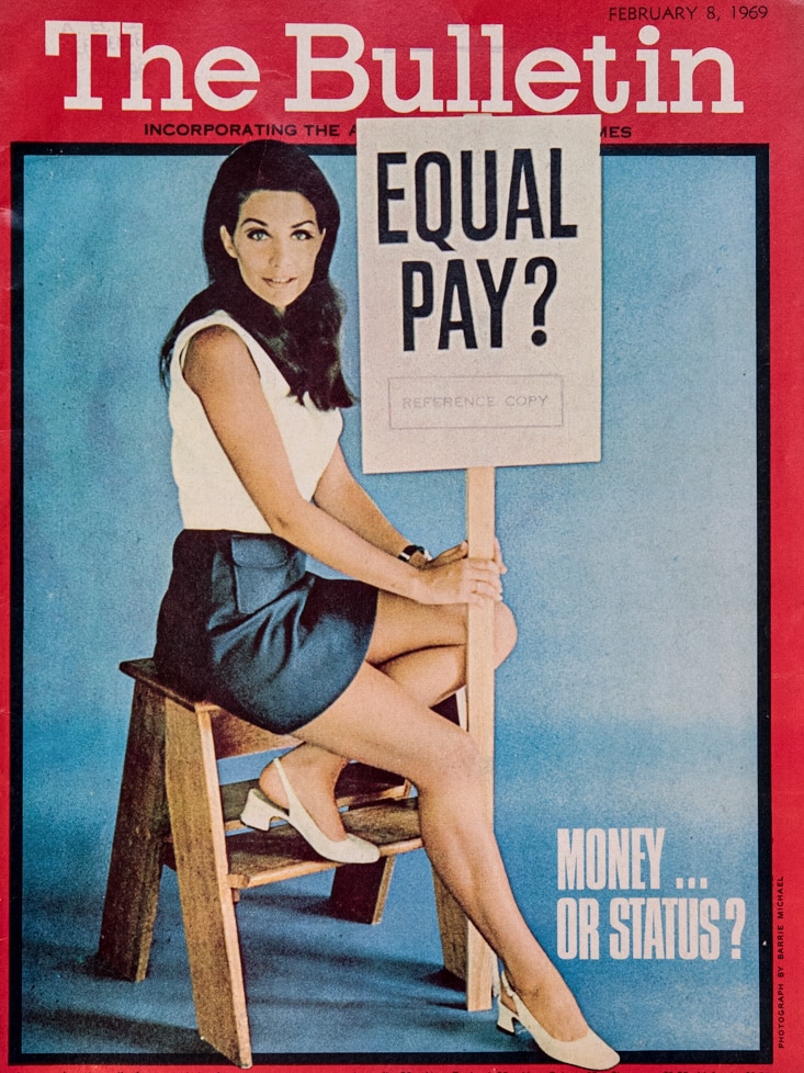 Cover of the now defunct magazine The Bulletin in February 1969 features a woman holding a sign saying 'equal pay?'