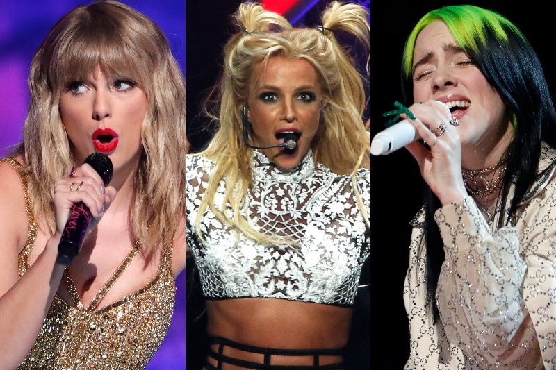 A composite image of Taylor Swift, Britney Spears and Billie Eilish.