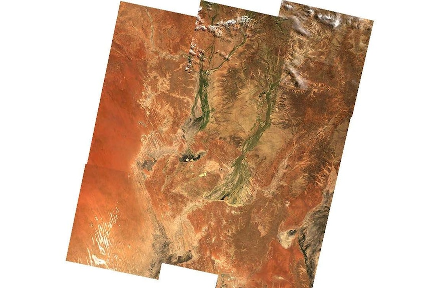 Satellite photos showing green rivers on brown landscape.