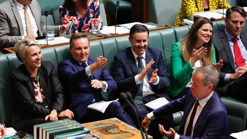 ALP Ministers including Tanya Plibersek, Chris Bowen and  Kate Ellis  point and laugh at the Coalition.
