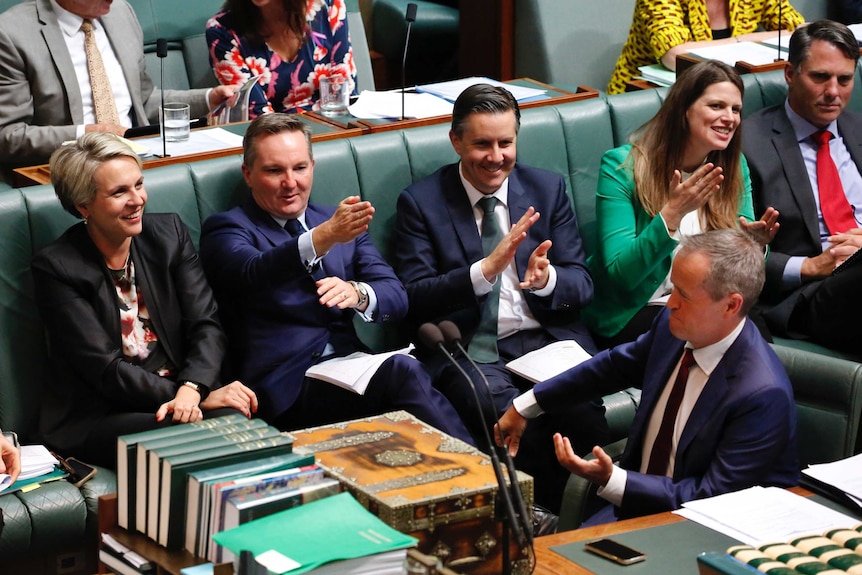 ALP Ministers including Tanya Plibersek, Chris Bowen and  Kate Ellis  point and laugh at the Coalition.