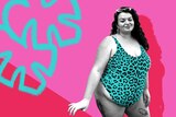 Ally Garrett pictured in swimwear against a backdrop of bright colours, for a story about feeling good enough.