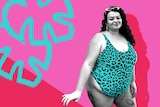 Ally Garrett pictured in swimwear against a backdrop of bright colours, for a story about feeling good enough.