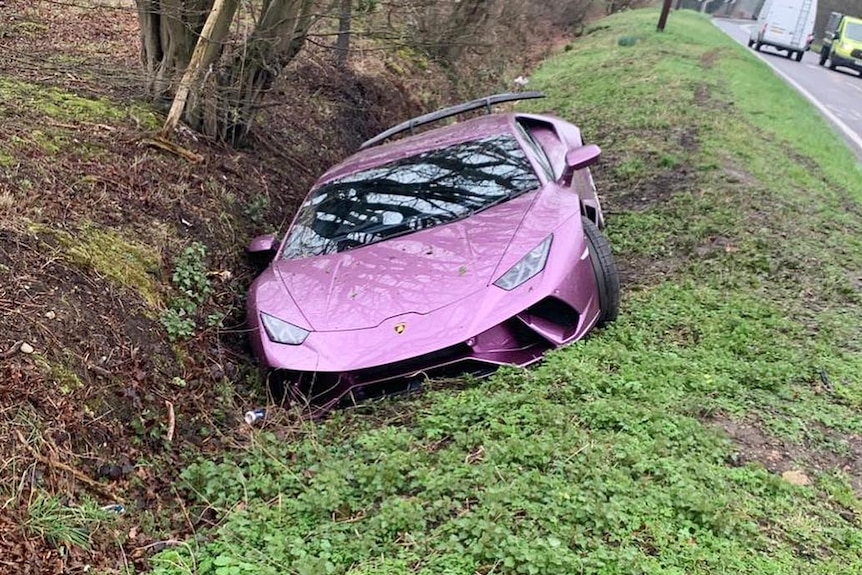 Purple Lamborghini found crashed in a ditch owned by bitcoin investor  Michael Hudson - ABC News