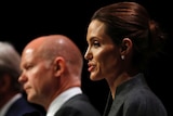 Angelina Jolie, William Hague and John Kerry stand in front of microphones