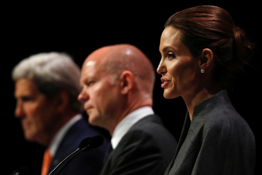 Angelina Jolie, William Hague and John Kerry stand in front of microphones