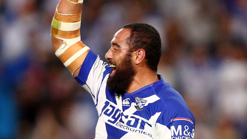 Sam Kasiano celebrates a try for the Bulldogs