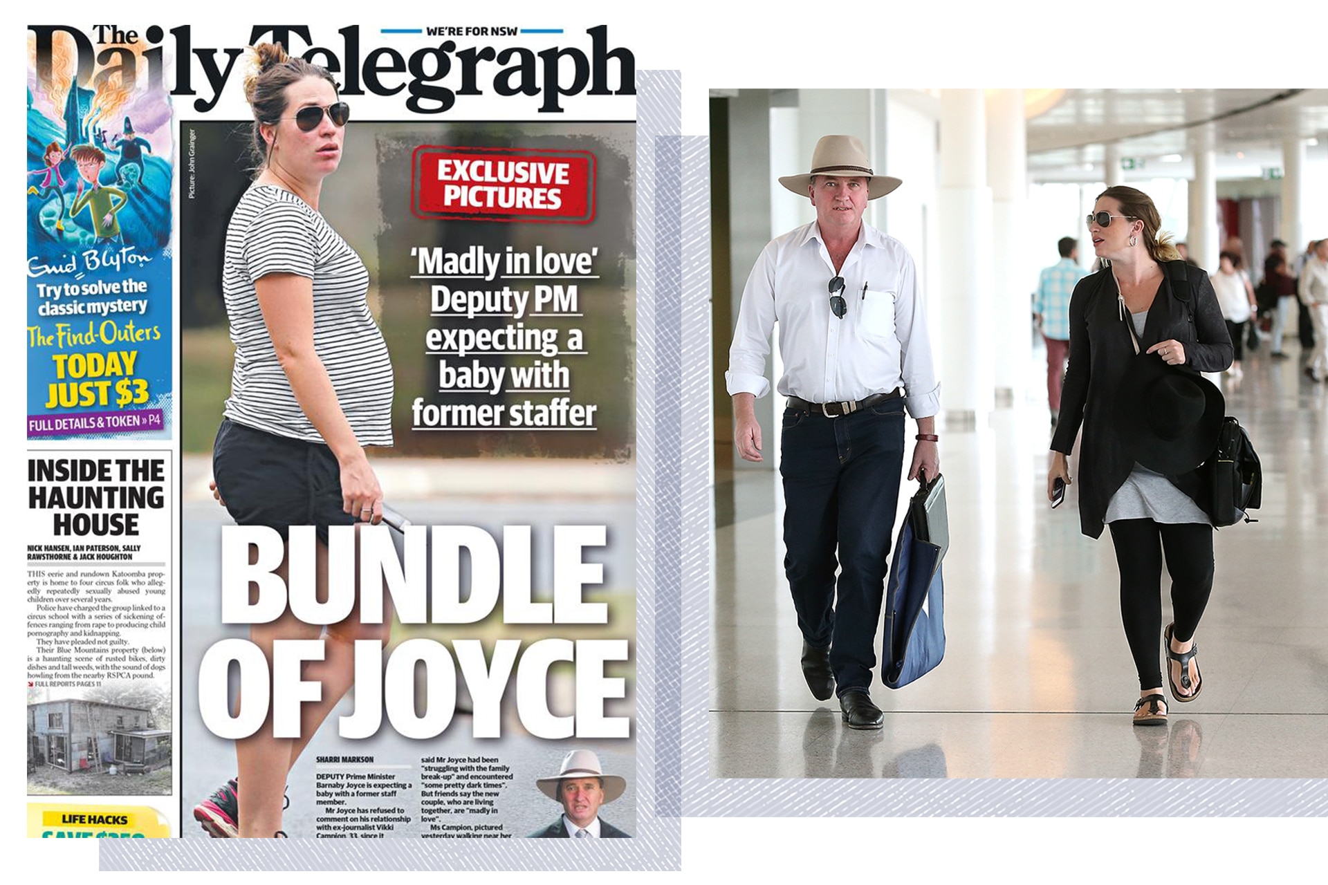 A newspaper front page showing a pregnant Vikki Campion with the headline 'Bundle of Joyce'. Joyce and Campion in an airport.