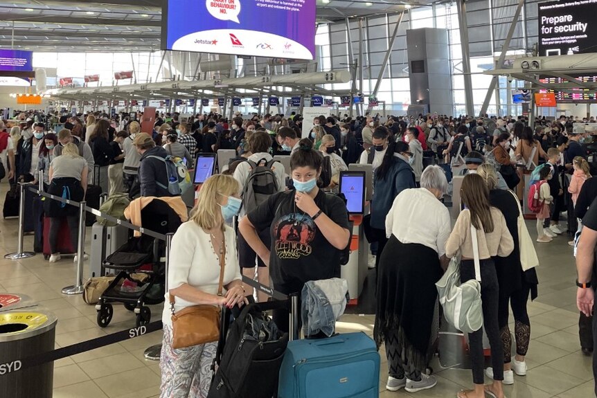 Osoby stojące w kolejkach na lotnisku 