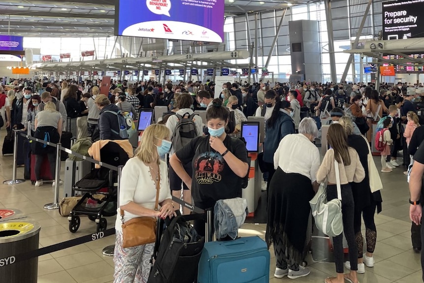 People standing around in queues inside an airport 