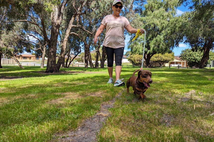 A picture of Ms Ballard taken from front-on walking Dachshund Louis in a Perth park.