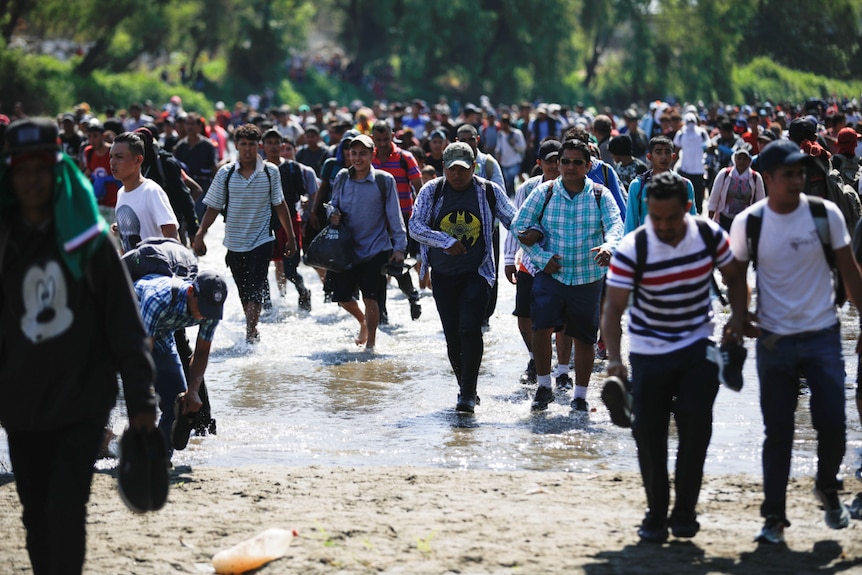 a large group of migrants walk across the Suchiate river into Mexico