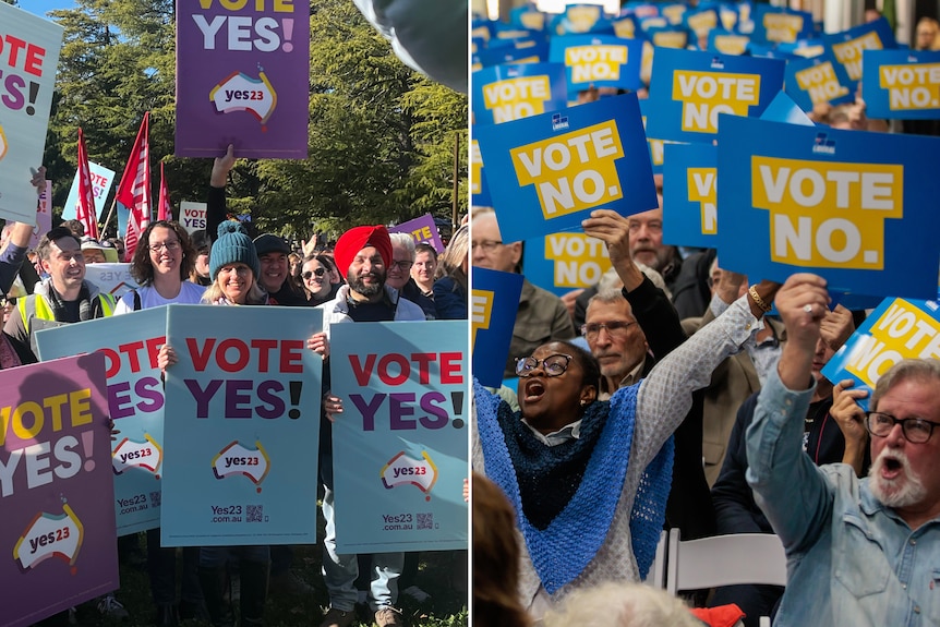 A composite image of people holding 'vote Yes' signs on the left and 'vote no' signs on the right