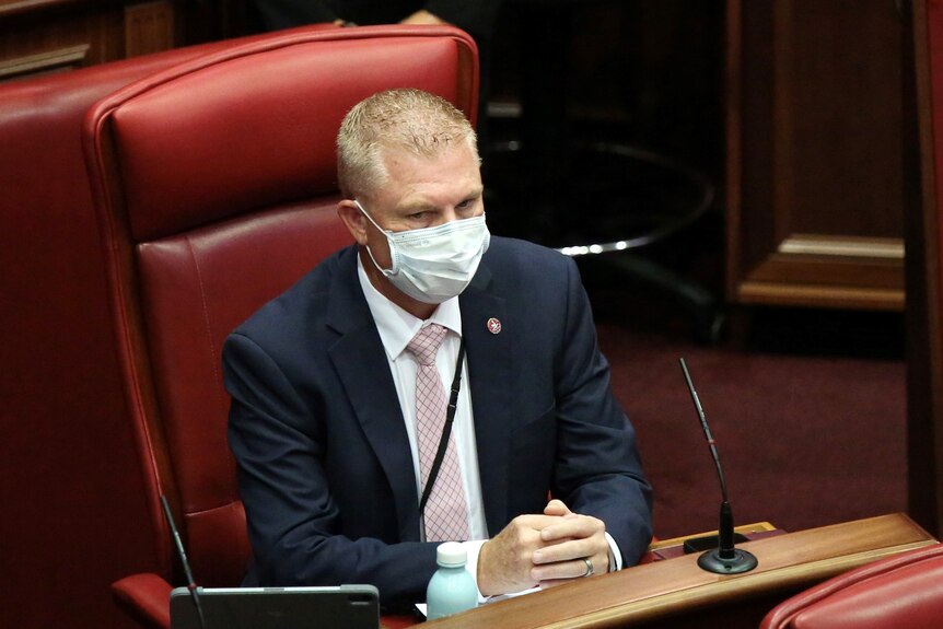 James Hayward sits in parliament wearing a mask