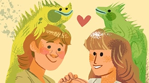 An illustration of Steve and Terri Irwin holding hands with iguanas on their heads and a heart hovering between them.