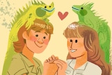 An illustration of Steve and Terri Irwin holding hands with iguanas on their heads and a heart hovering between them.