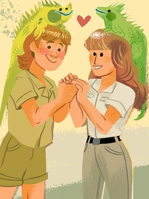 An illustration of Steve and Terri Irwin holding hands with iguanas on their heads and a heart hovering between them.