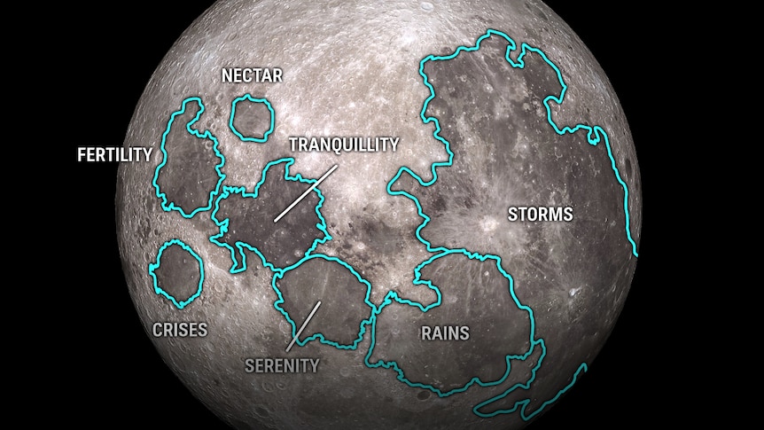A image of the moon outlining all the oceans