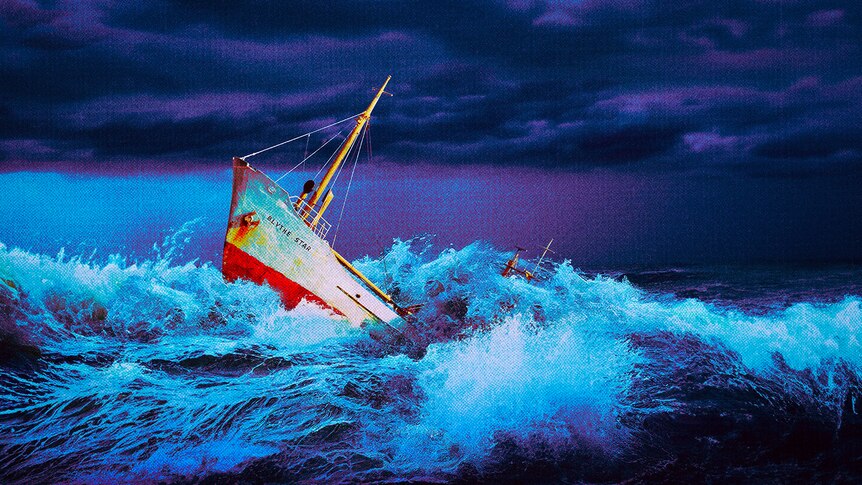 An illustration of a ship named the Blythe Star capsizing in dark stormy waters.