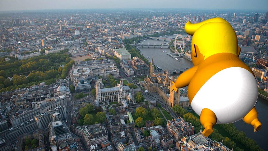 Edited image depicting Trump Baby blimp flying over central London. June 28, 2018.