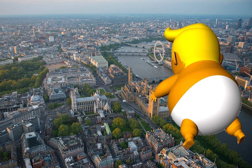 Edited image depicting Trump Baby blimp flying over central London. June 28, 2018.