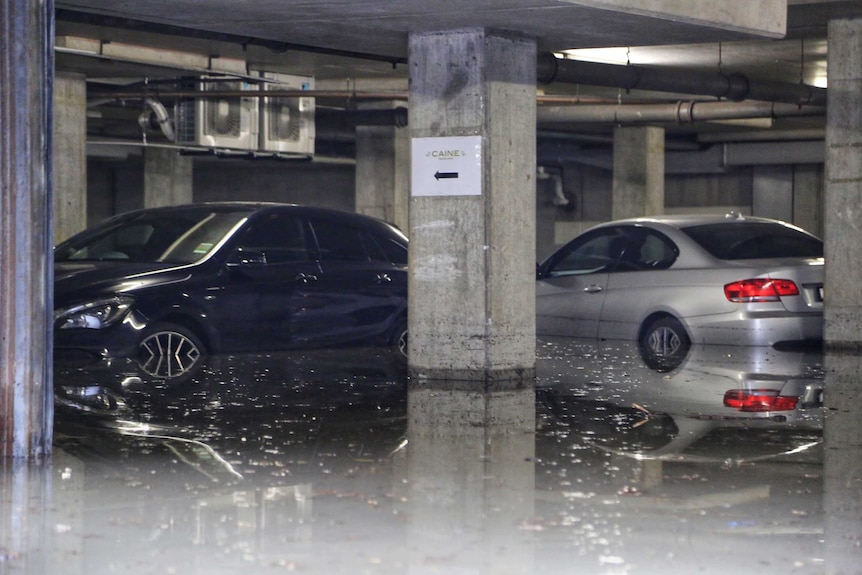 Water rises up the sides of two cars in an underground car park