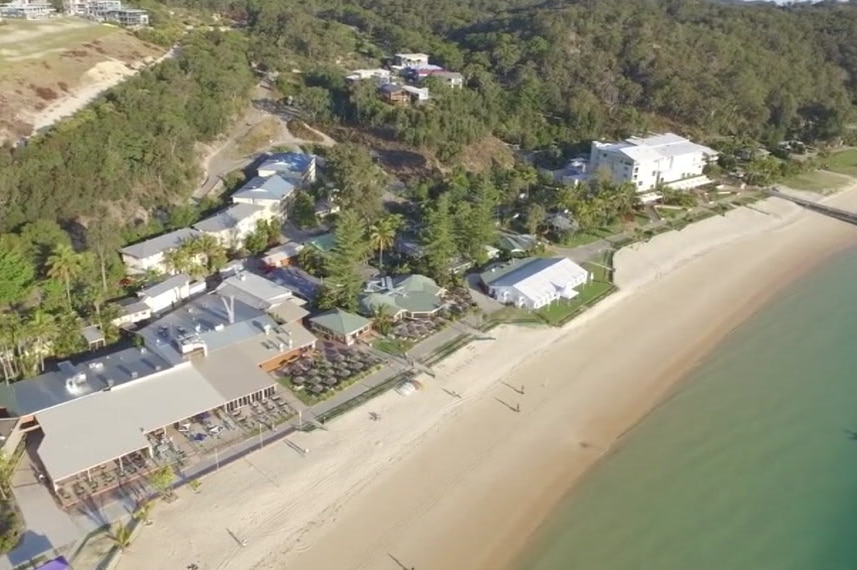 Aerial view of Tangalooma Island Resort and surrounding lots.