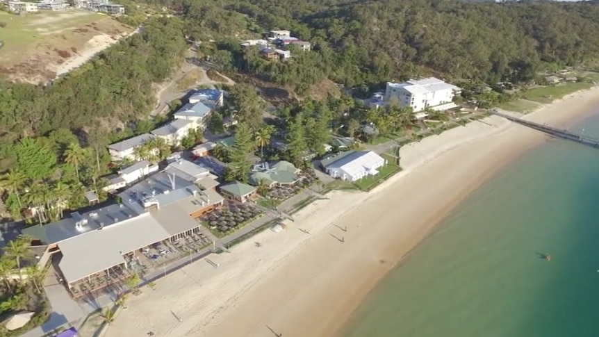 Aerial view of Tangalooma Island Resort and surrounding lots.