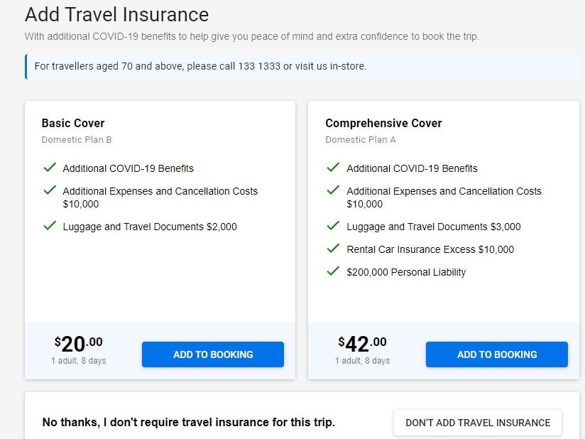 A screen shot of a website where it is offering to sell somebody travel insurance