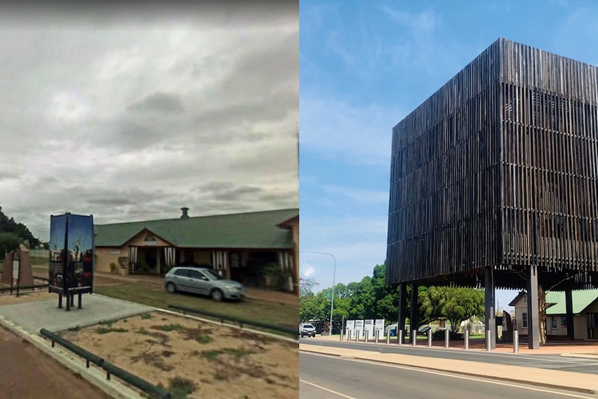 A before and after of Barcaldine’s main street, pictured is the Tree of Knowledge memorial in two vastly different states.
