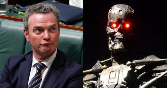 Christopher Pyne frowns in the House of Reps. A Terminator robot with red eyes looks straight ahead