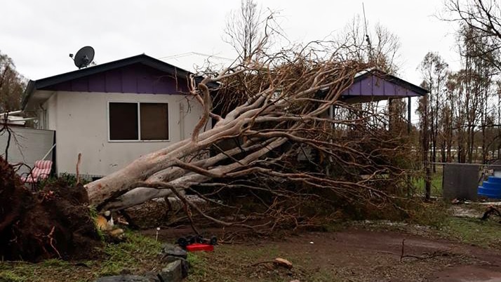 A damaged house with a tree on its roof after a hail storm in Queensland's South Burnett region on October 11, 2018.