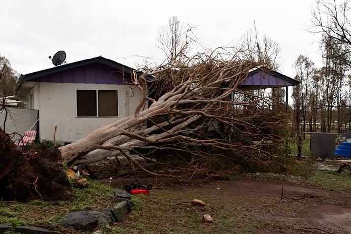 A damaged house with a tree on its roof after a hail storm in Queensland's South Burnett region on October 11, 2018.