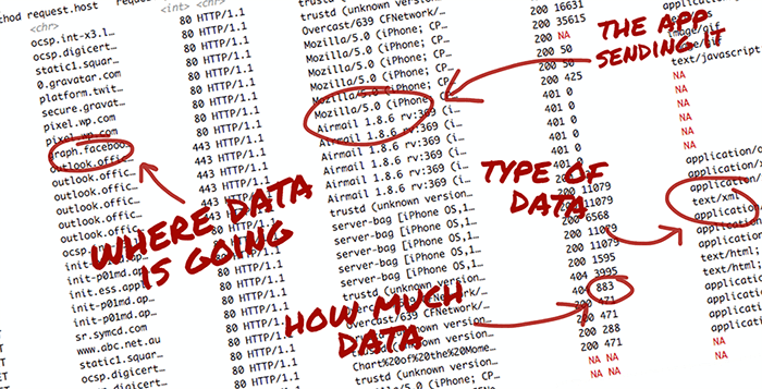 A printed log of HTTP requests annotated to describe some parts of the data.