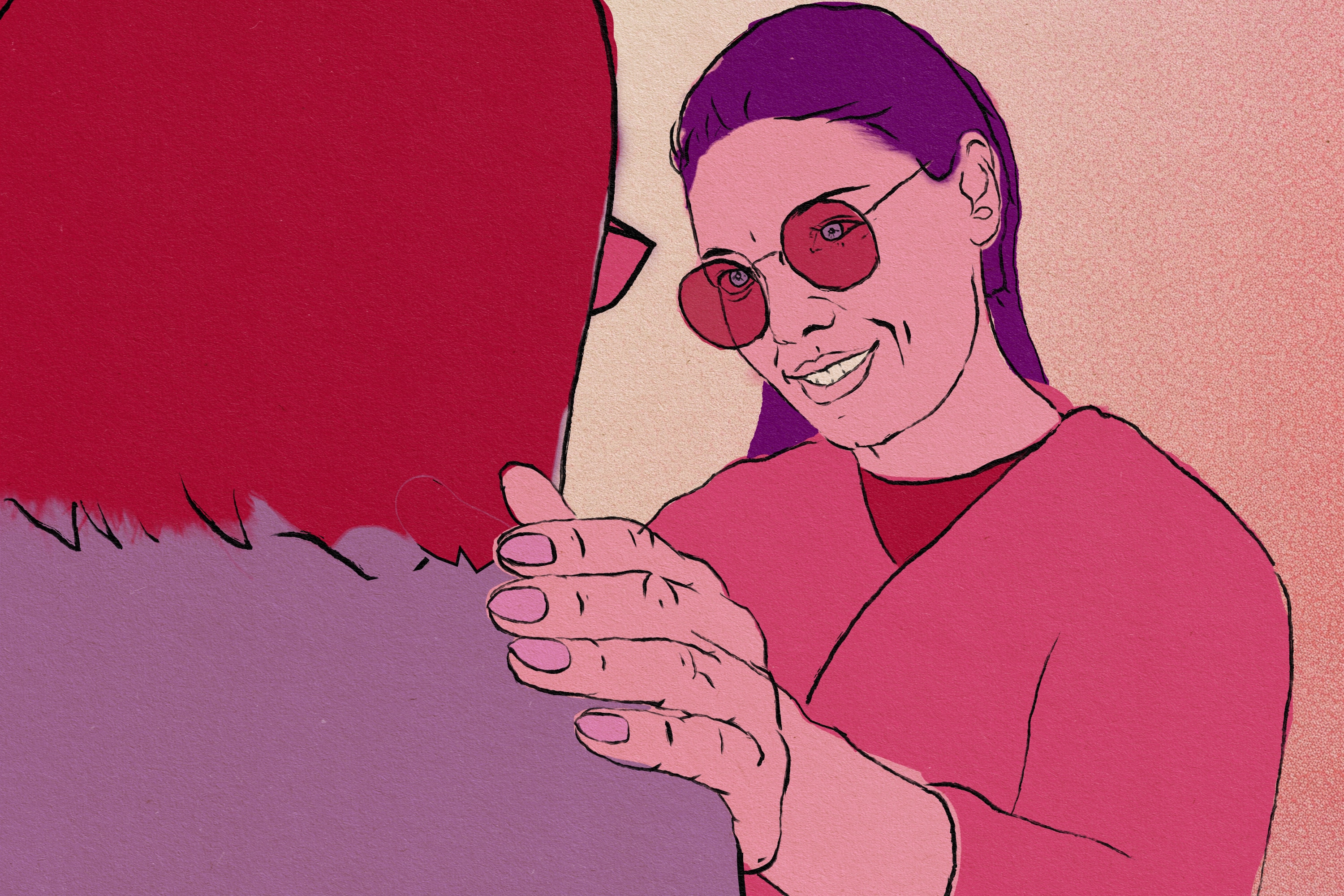 A woman with a red top and sunglasses with red lenses places her hand on another woman's shoulder