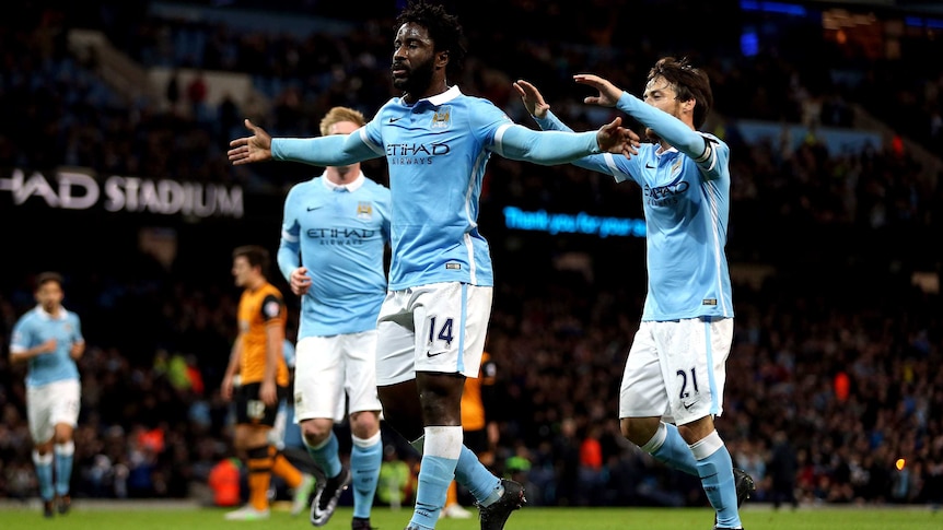 Manchester City's Wilfried Bony scores against Hull City in the League Cup quarter-final.