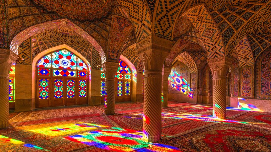 Interior windows of Nasir Al-Mulk, a traditional mosque in Shiraz, Iran.
