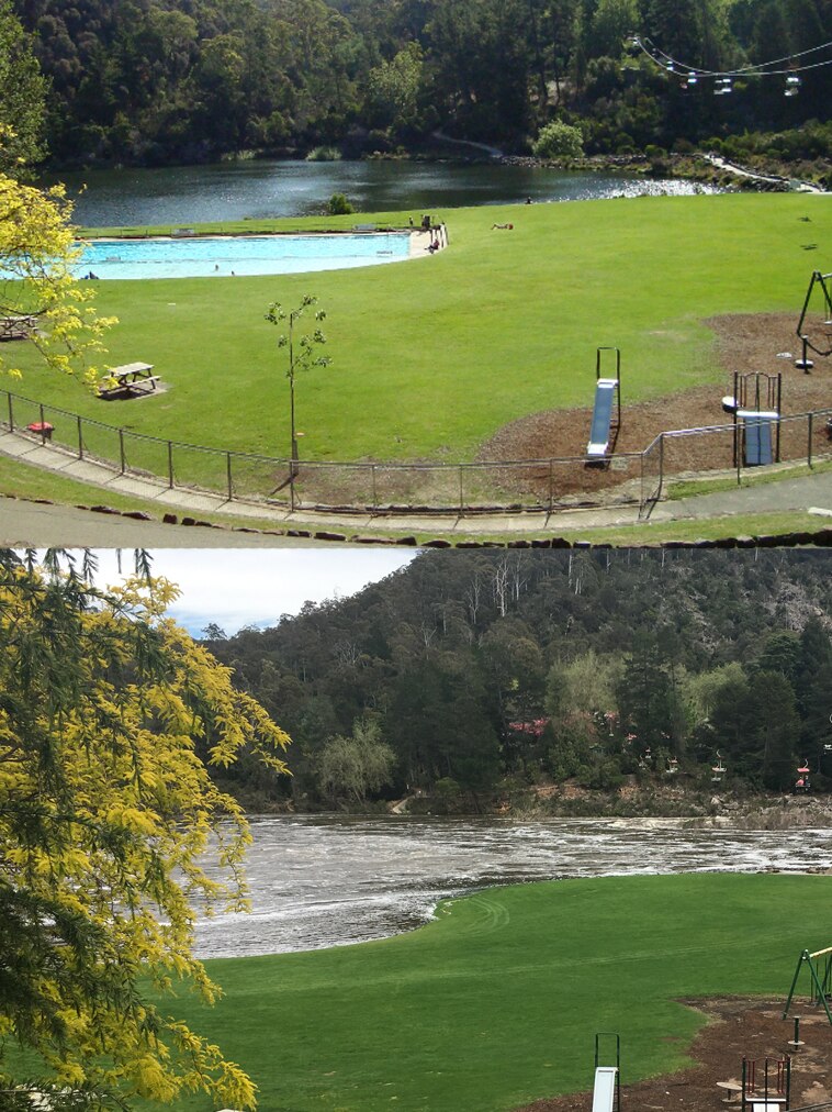 Water levels at Cataract Gorge last summer (top) and November 2016.