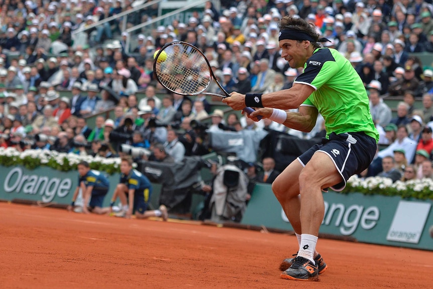 Ferrer returns against Nadal in French Open final