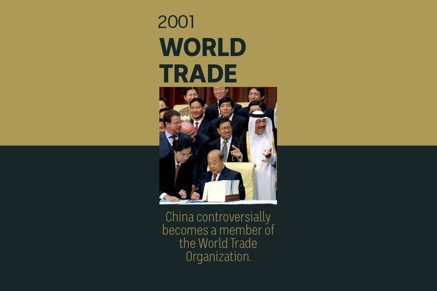 An image of Chinese officials signing documents to join the World Trade Organization. Text reads 2001, World Trade.