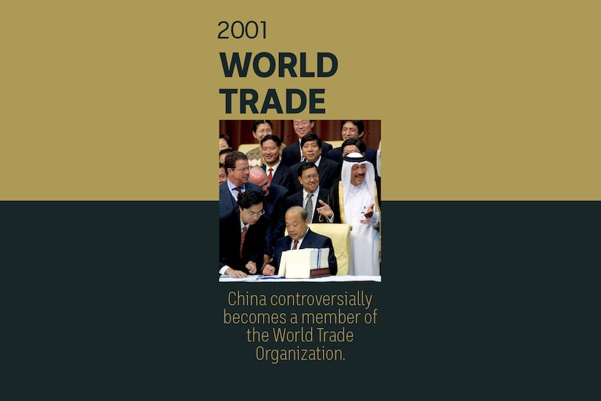 An image of Chinese officials signing documents to join the World Trade Organization. Text reads 2001, World Trade.