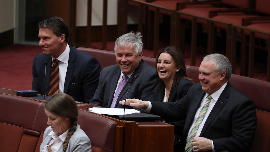 Crossbenchers Cory Bernardi, Rex Patrick, Jacqui Lambie and Stirling Griff sitting in the Senate