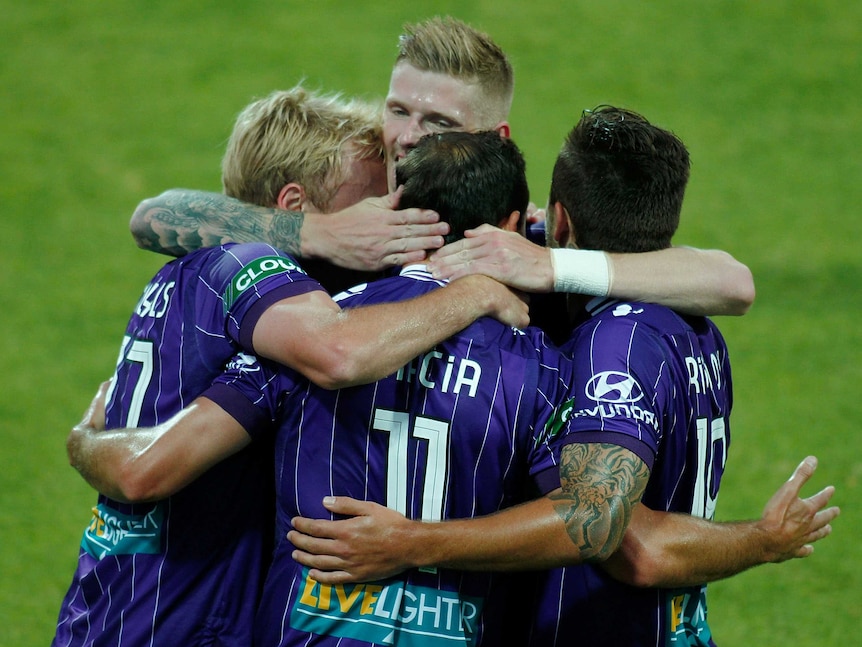 Richard Garcia of the Glory celebrates after scoring a goal during the round 11 A-League match between Perth Glory and Newcastle Jets at Perth Oval